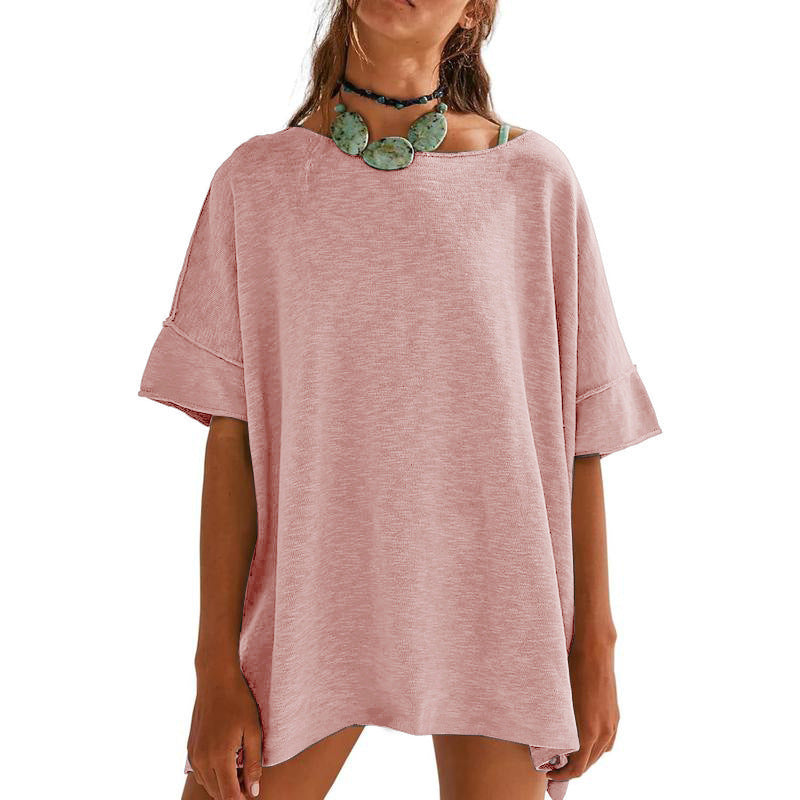 Solid color loose round neck spliced three-quarter sleeve women's top
