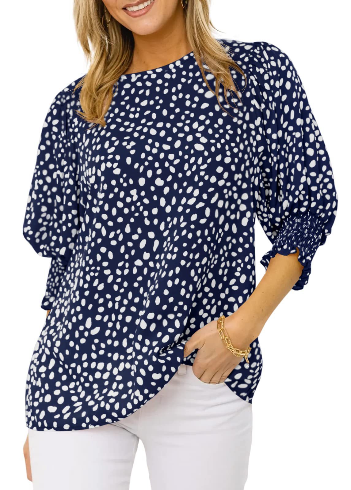 Women’s Round Neck Bubble 3/4 Sleeve Back Keyhole Ditsy Floral Print Blouse