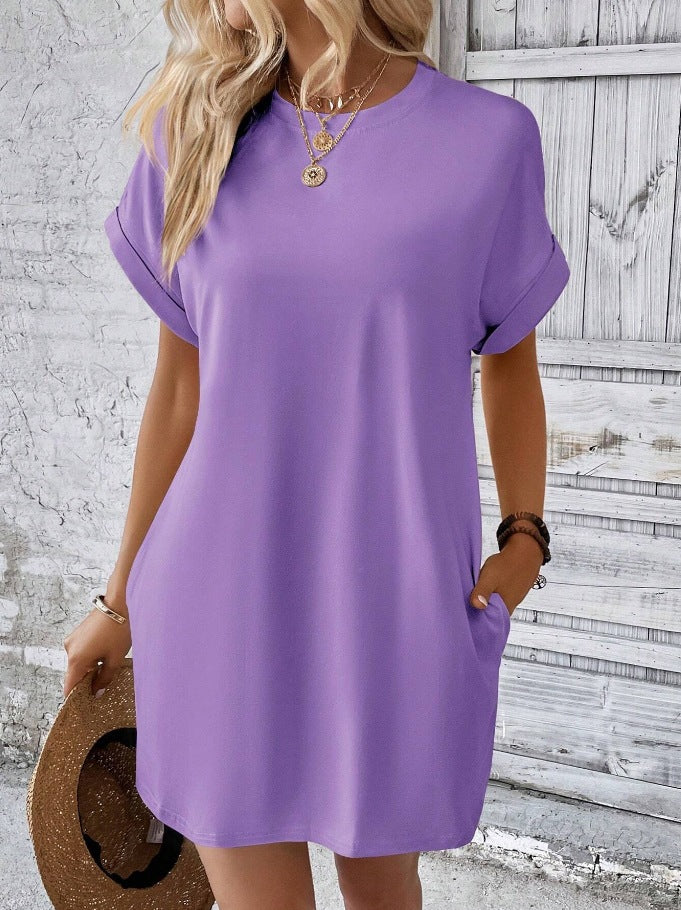 Women’s Crew Neck Rolled Sleeve Pocket Loose Mini T-Shirt Dress