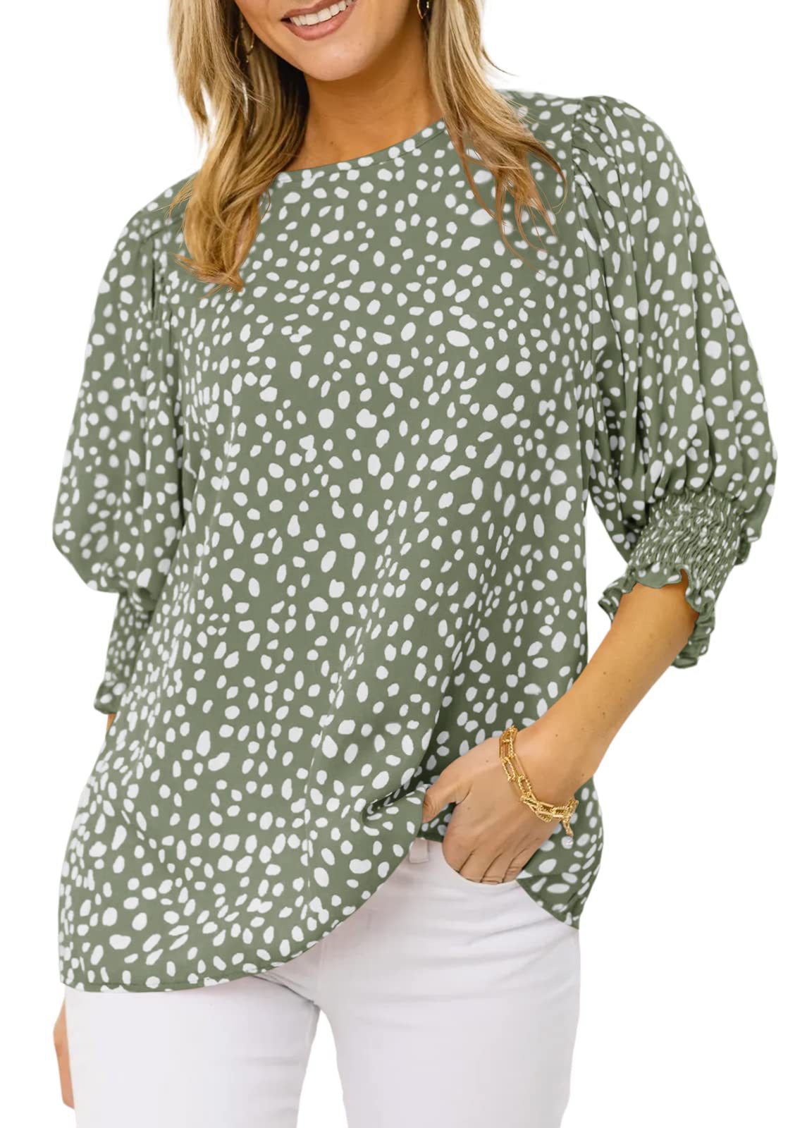 Women’s Round Neck Bubble 3/4 Sleeve Back Keyhole Ditsy Floral Print Blouse