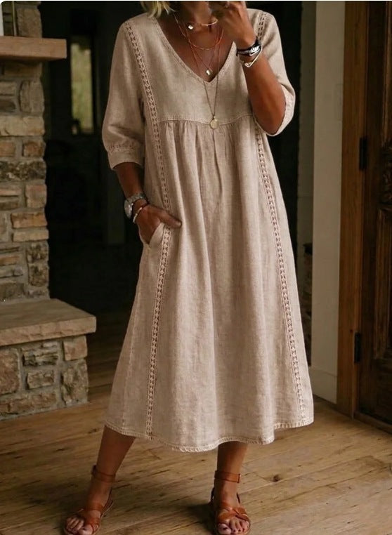 Loose V-neck linen cotton dress with lace trim