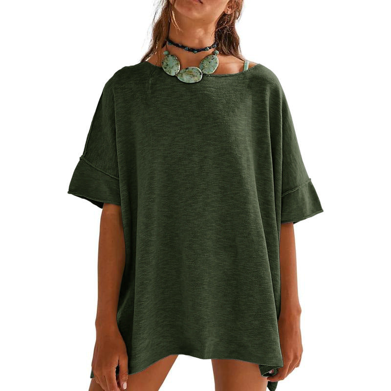 Solid color loose round neck spliced three-quarter sleeve women's top
