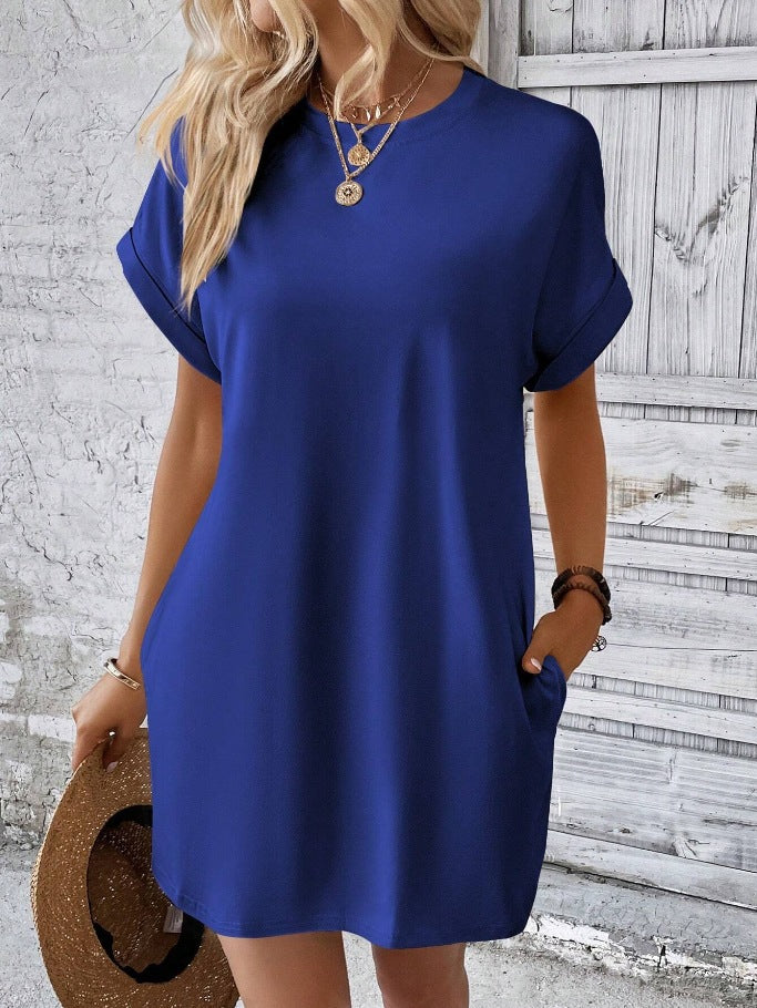 Women’s Crew Neck Rolled Sleeve Pocket Loose Mini T-Shirt Dress