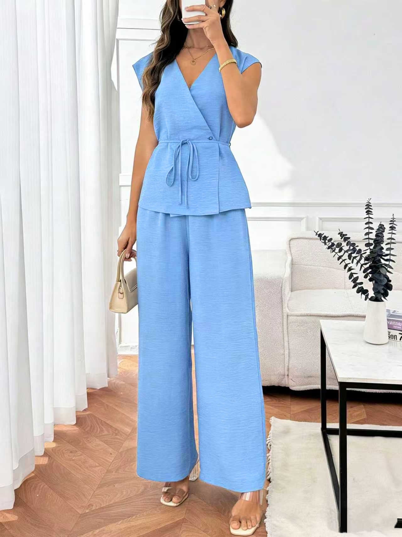 Women's Wrap V-Neck 2-Piece Set - Belted Top & Wide Leg Pants