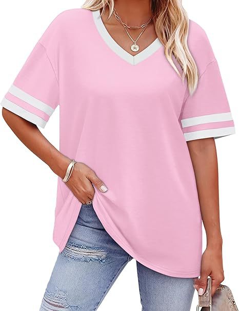 Women’s Contrast Striped Trim V-Neck Loose Short Sleeve T-Shirt