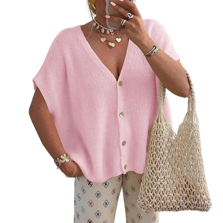 New loose V-neck solid color knit short-sleeved top