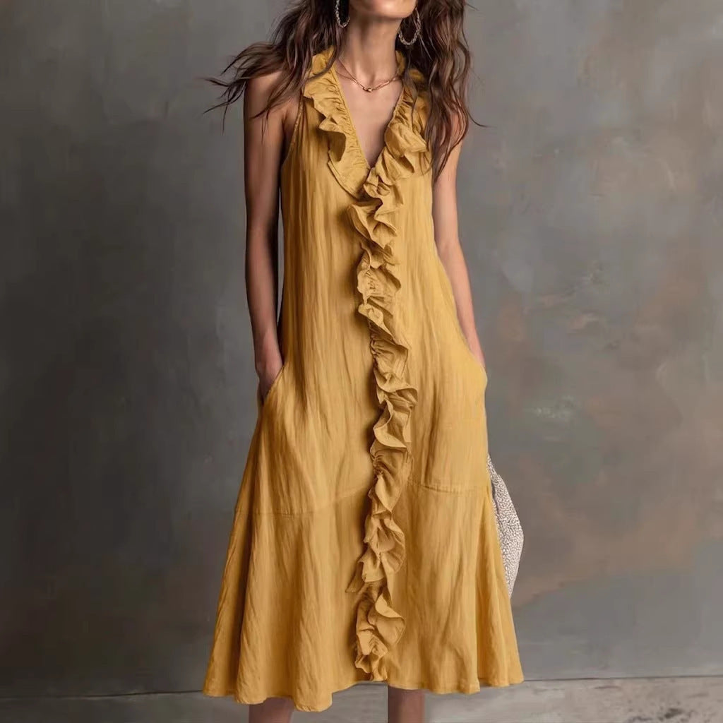 A-Line Loose Pleated Ruffle Trim Solid Color V-Neck Maxi Dresses