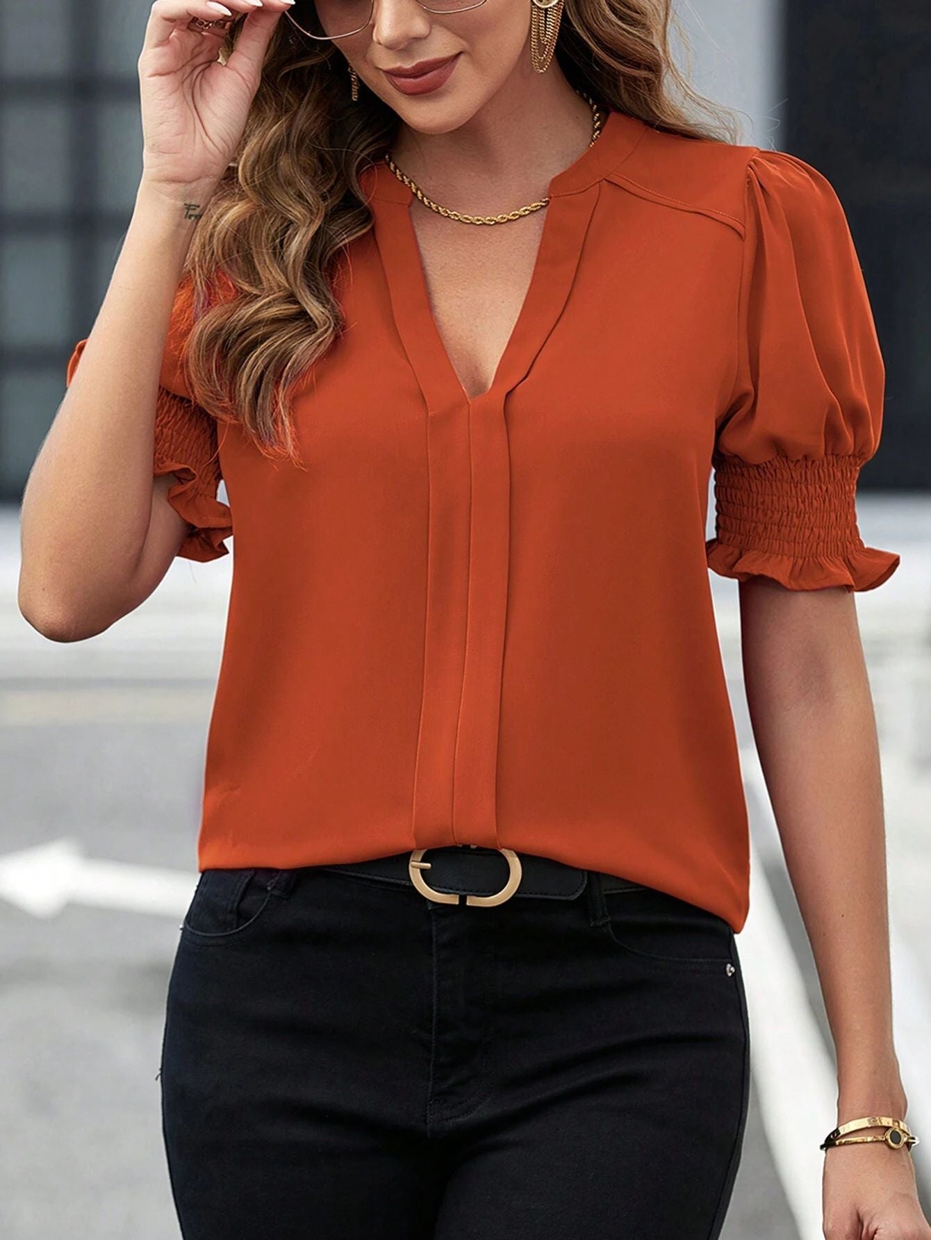 New summer V-neck elegant puff sleeve solid color shirt