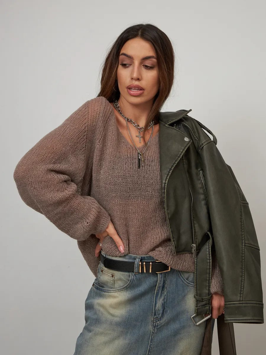 Women’s V-Neck Oversized Sheer Knit Sun Protection Cover Up Top
