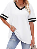 Women’s Contrast Striped Trim V-Neck Loose Short Sleeve T-Shirt