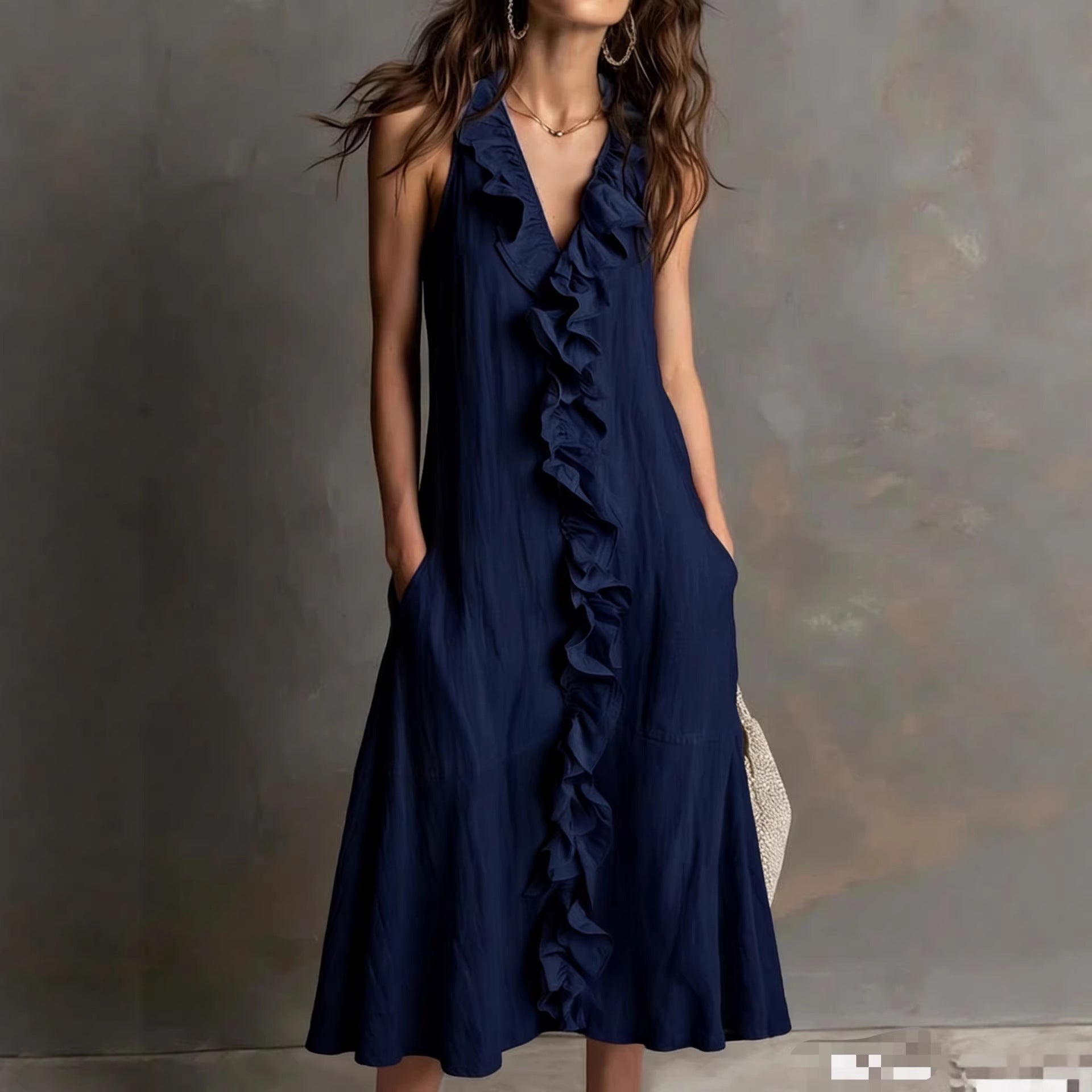 A-Line Loose Pleated Ruffle Trim Solid Color V-Neck Maxi Dresses