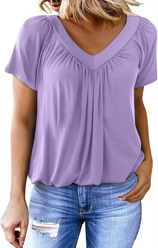 V-neck raglan sleeve pleated casual T-shirt
