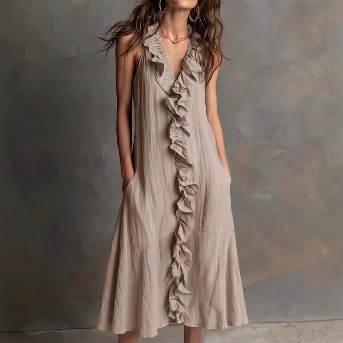 A-Line Loose Pleated Ruffle Trim Solid Color V-Neck Maxi Dresses