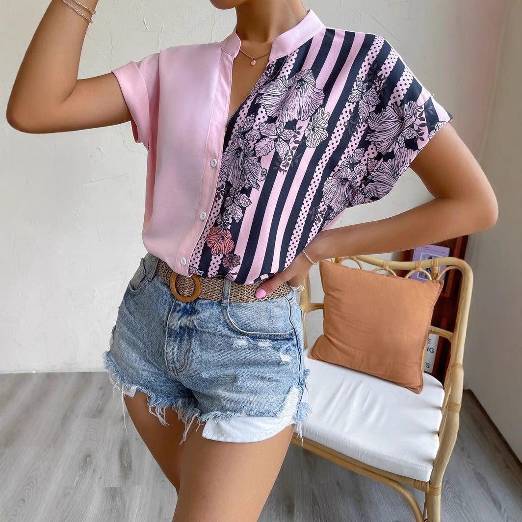 Two-tone floral button-down cardigan short-sleeved shirt