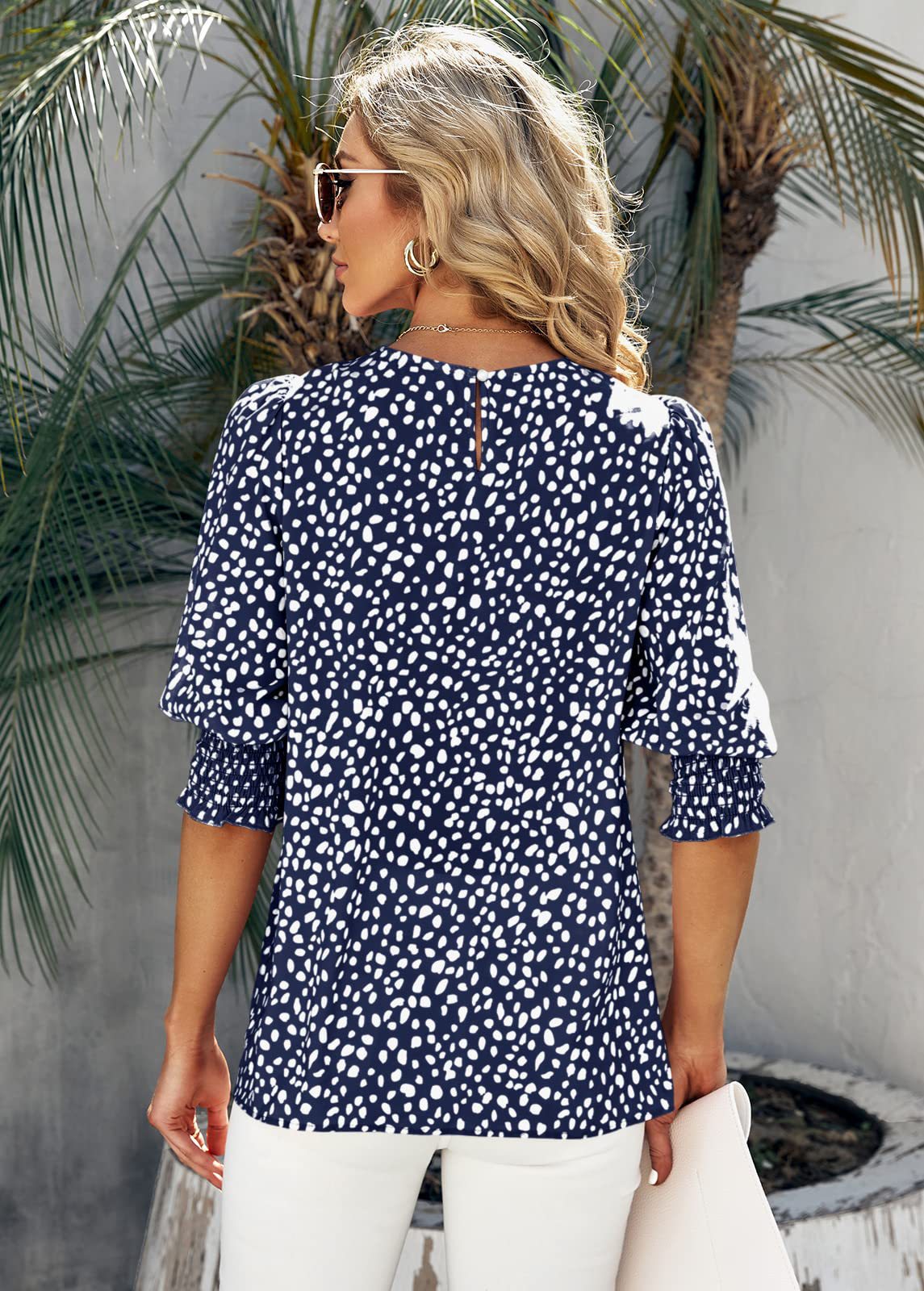 Women’s Round Neck Bubble 3/4 Sleeve Back Keyhole Ditsy Floral Print Blouse