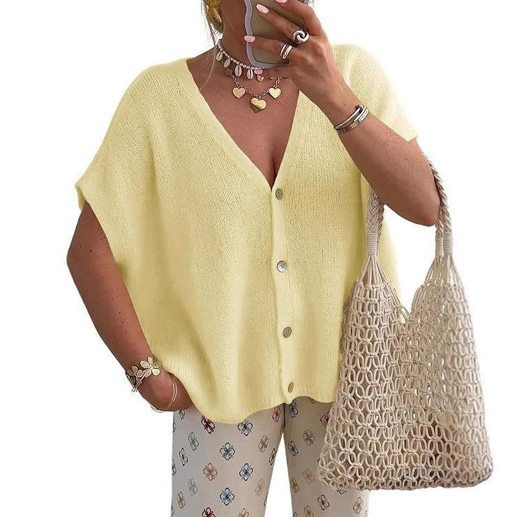 New loose V-neck solid color knit short-sleeved top