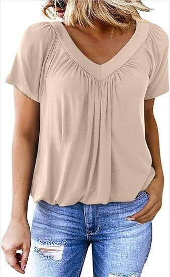 V-neck raglan sleeve pleated casual T-shirt