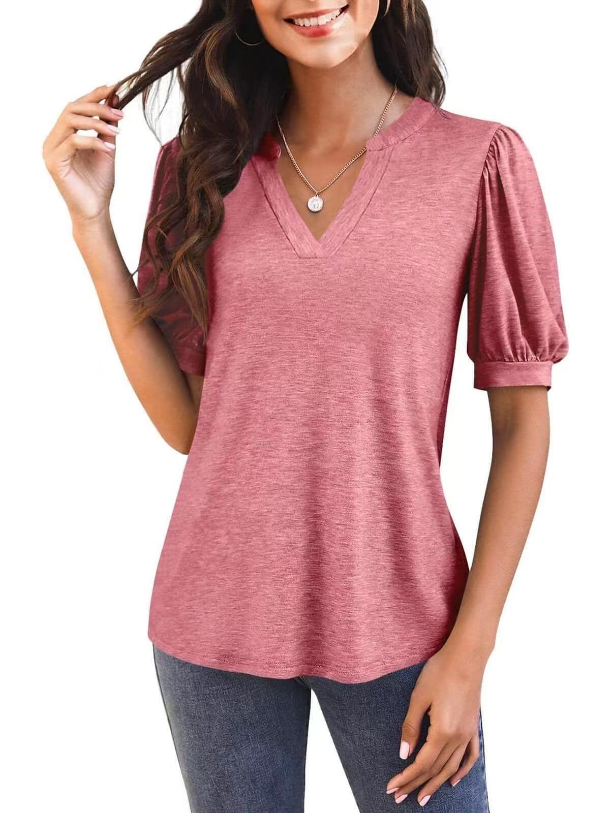 Women’s V-Neck Gathered Puff Short Sleeve Curved Hem Casual T-Shirt