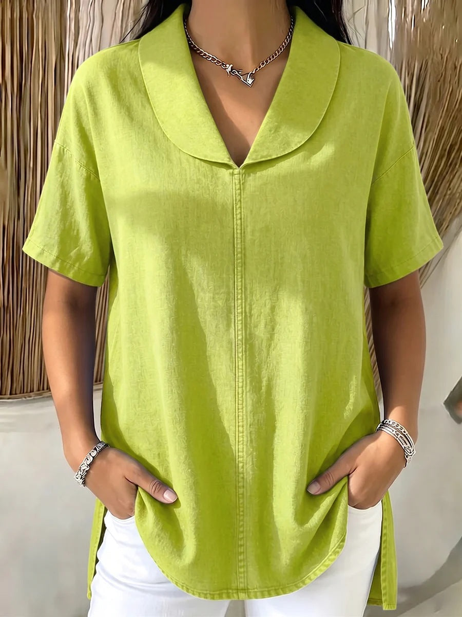 Casual short-sleeved women's cotton and linen top