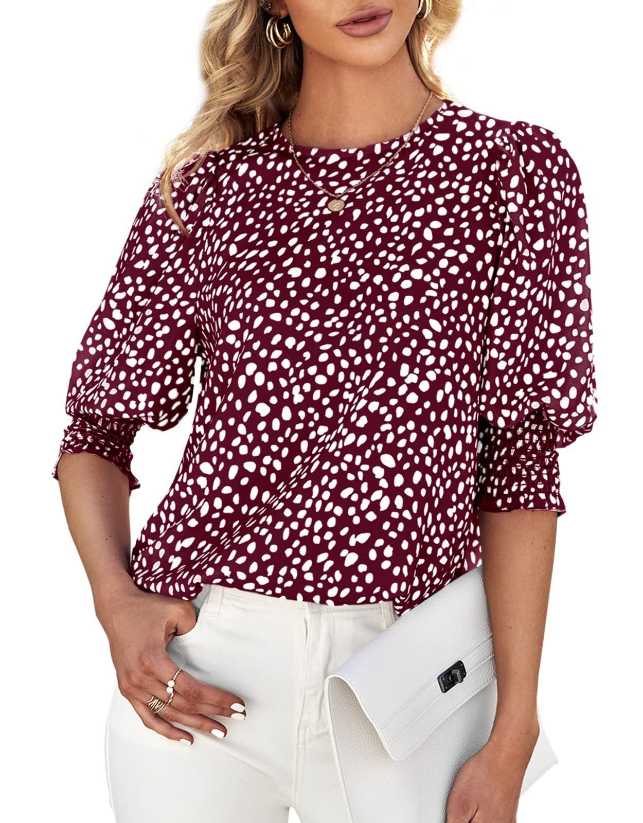 Women’s Round Neck Bubble 3/4 Sleeve Back Keyhole Ditsy Floral Print Blouse