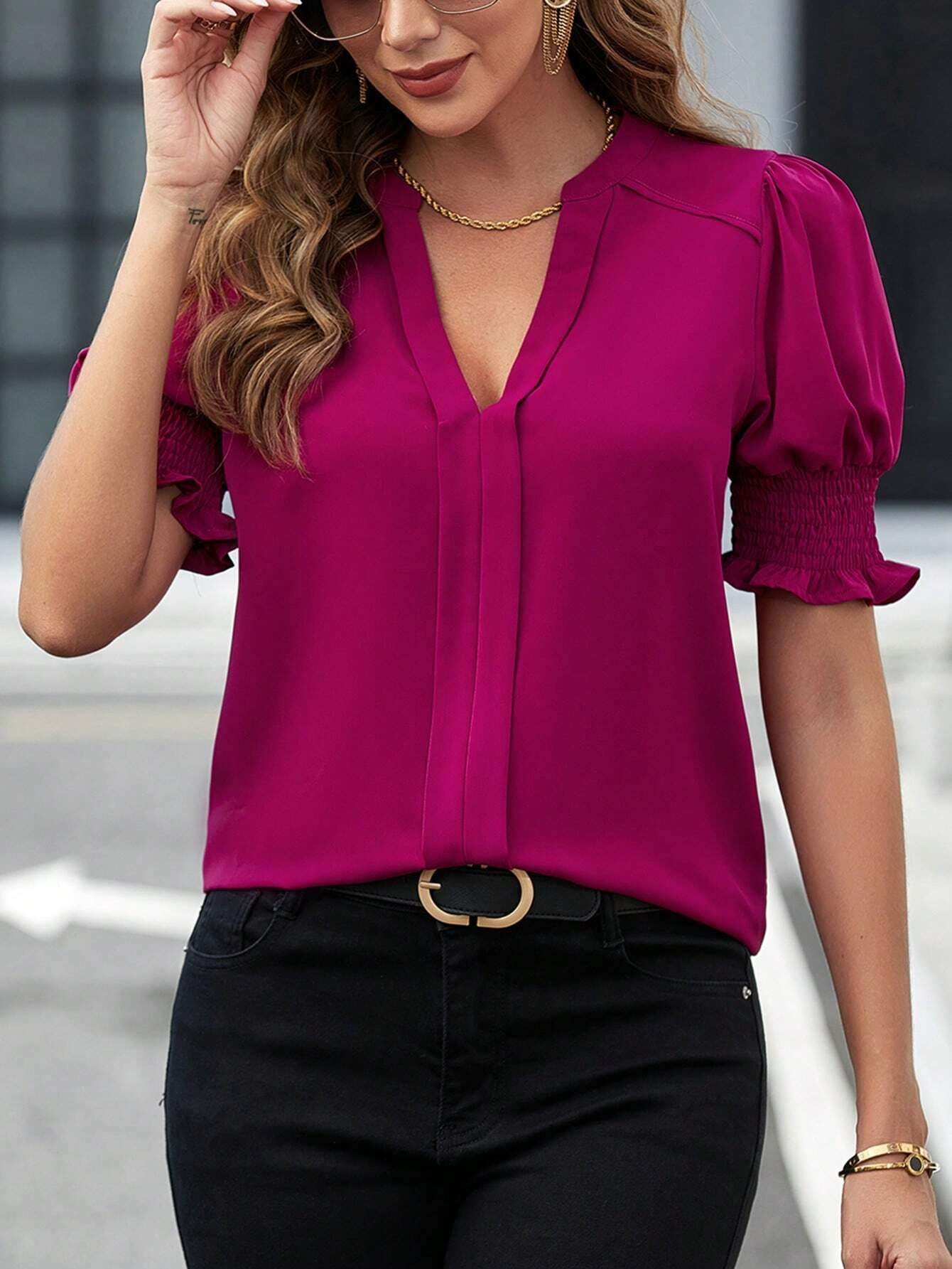 New summer V-neck elegant puff sleeve solid color shirt