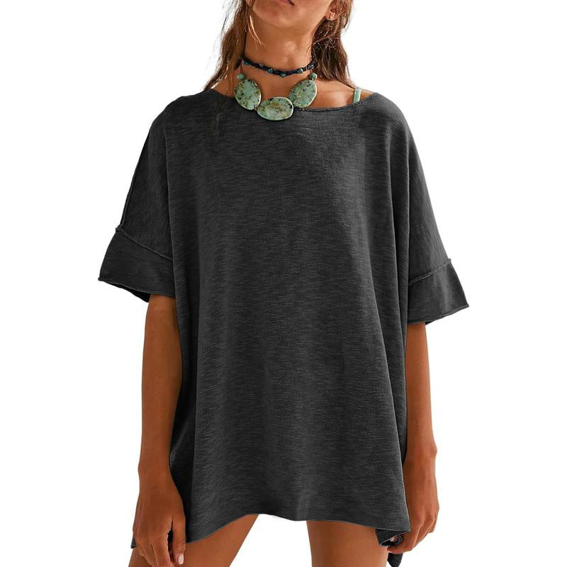 Solid color loose round neck spliced three-quarter sleeve women's top