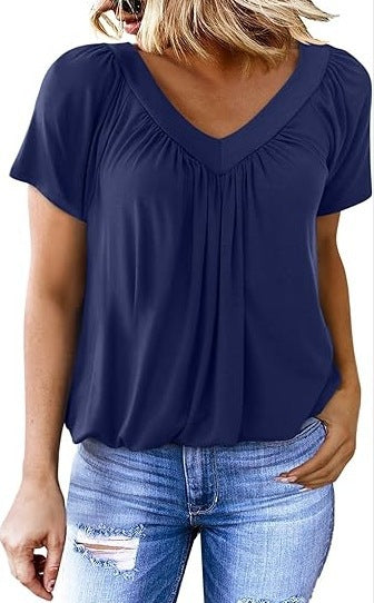 V-neck raglan sleeve pleated casual T-shirt