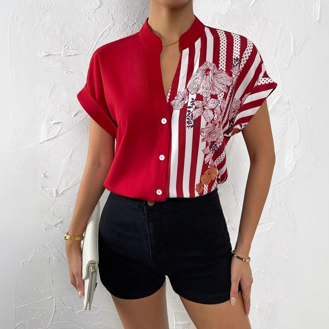 Two-tone floral button-down cardigan short-sleeved shirt