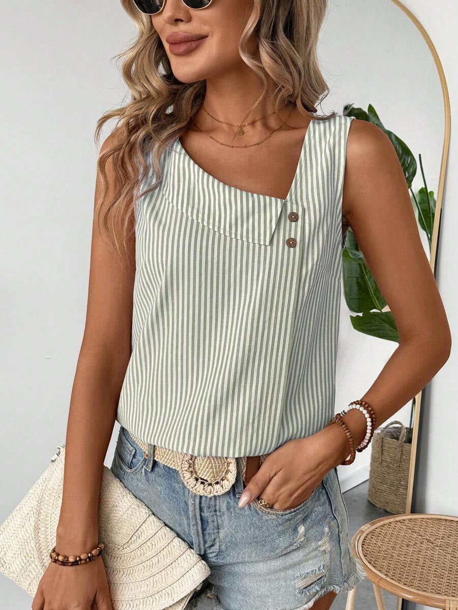 Asymmetrical sleeveless striped women's T-shirt
