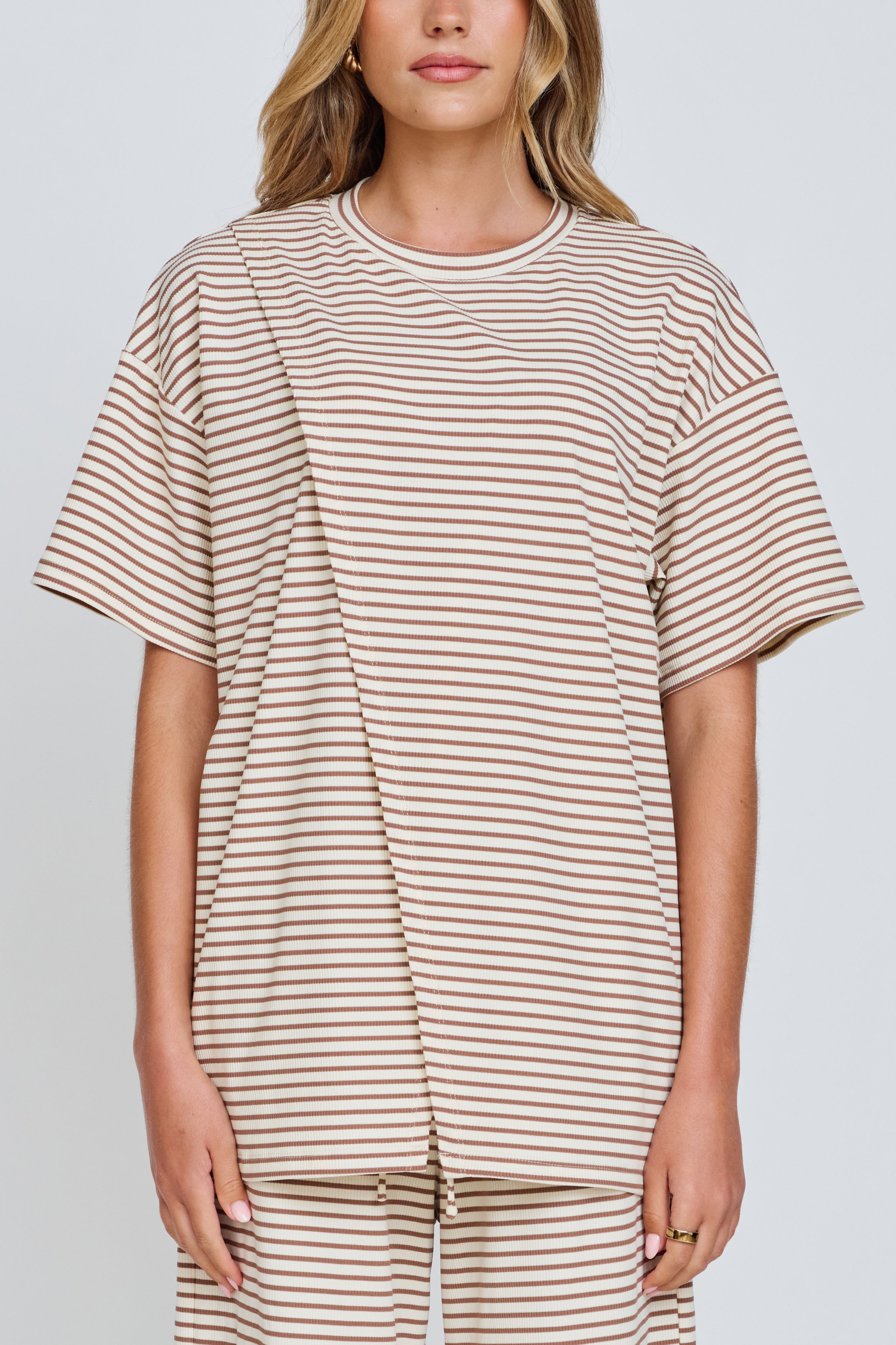 Ivy Stripe Longline Wrap Tee - Cream / Tan