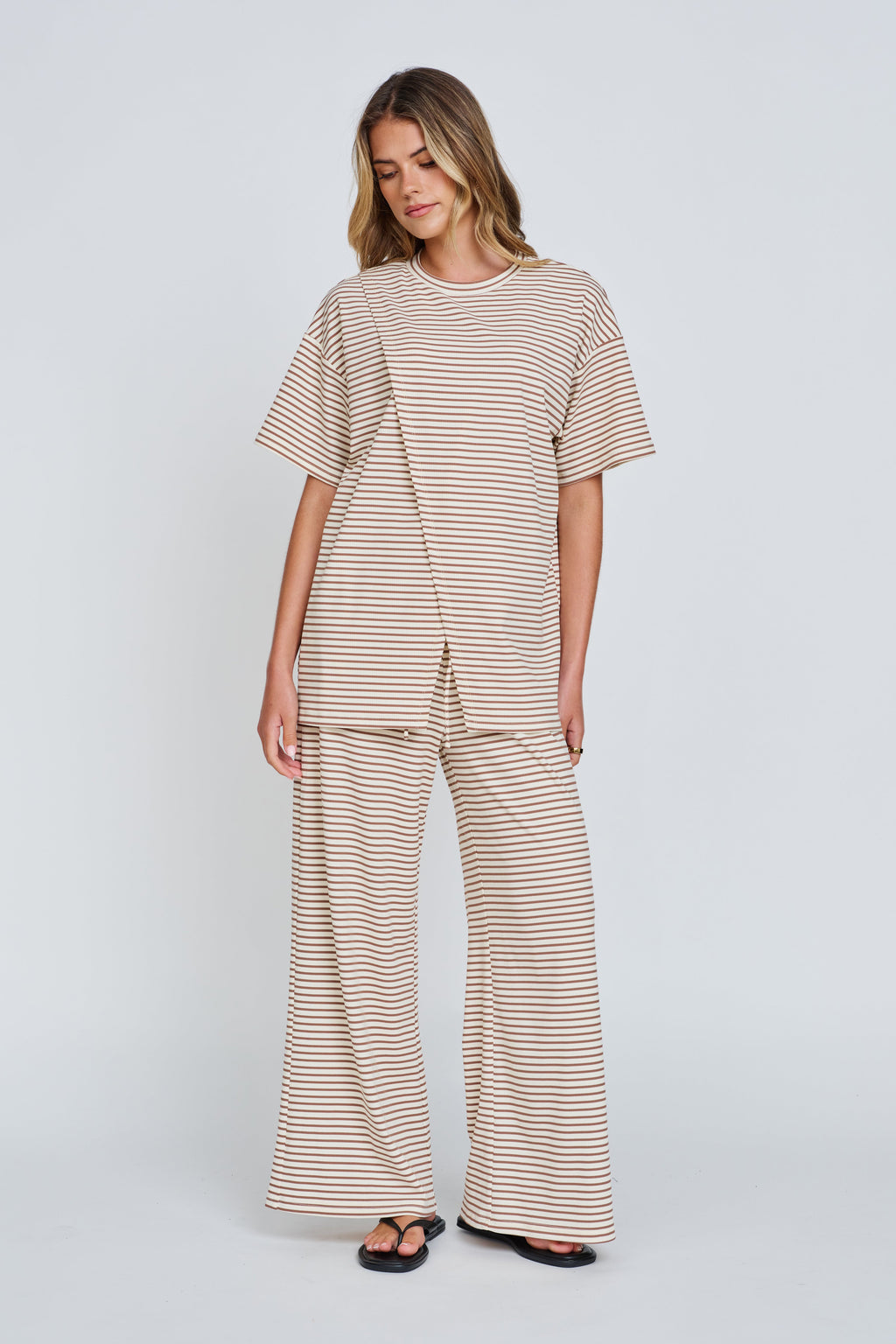 Ivy Stripe Longline Wrap Tee - Cream / Tan