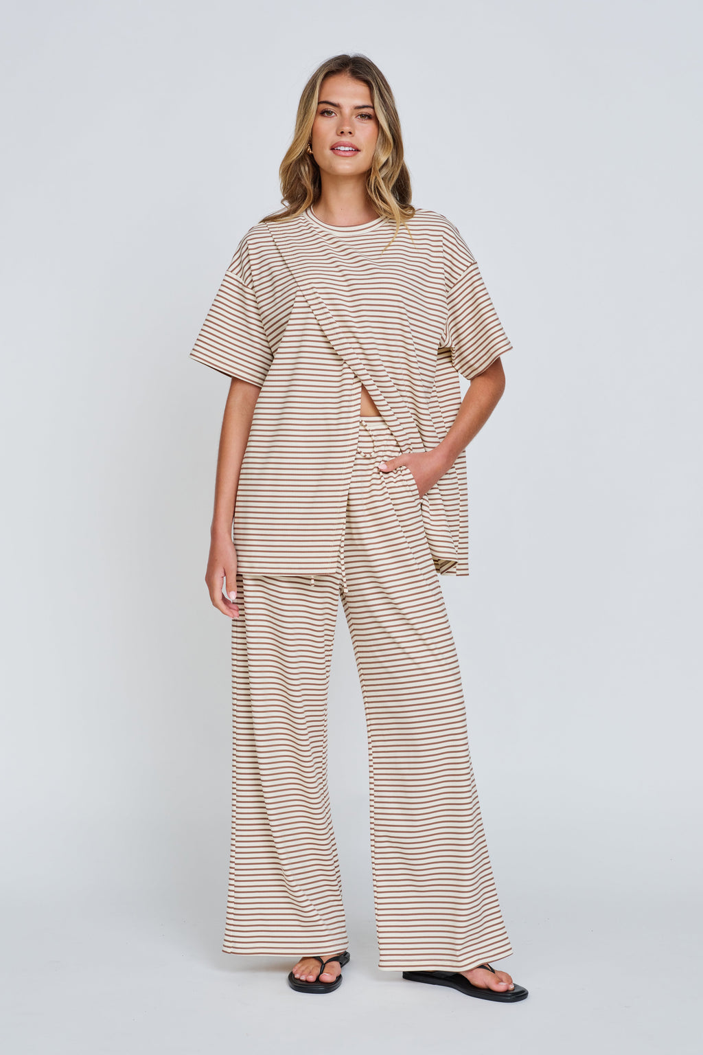 Ivy Stripe Longline Wrap Tee - Cream / Tan