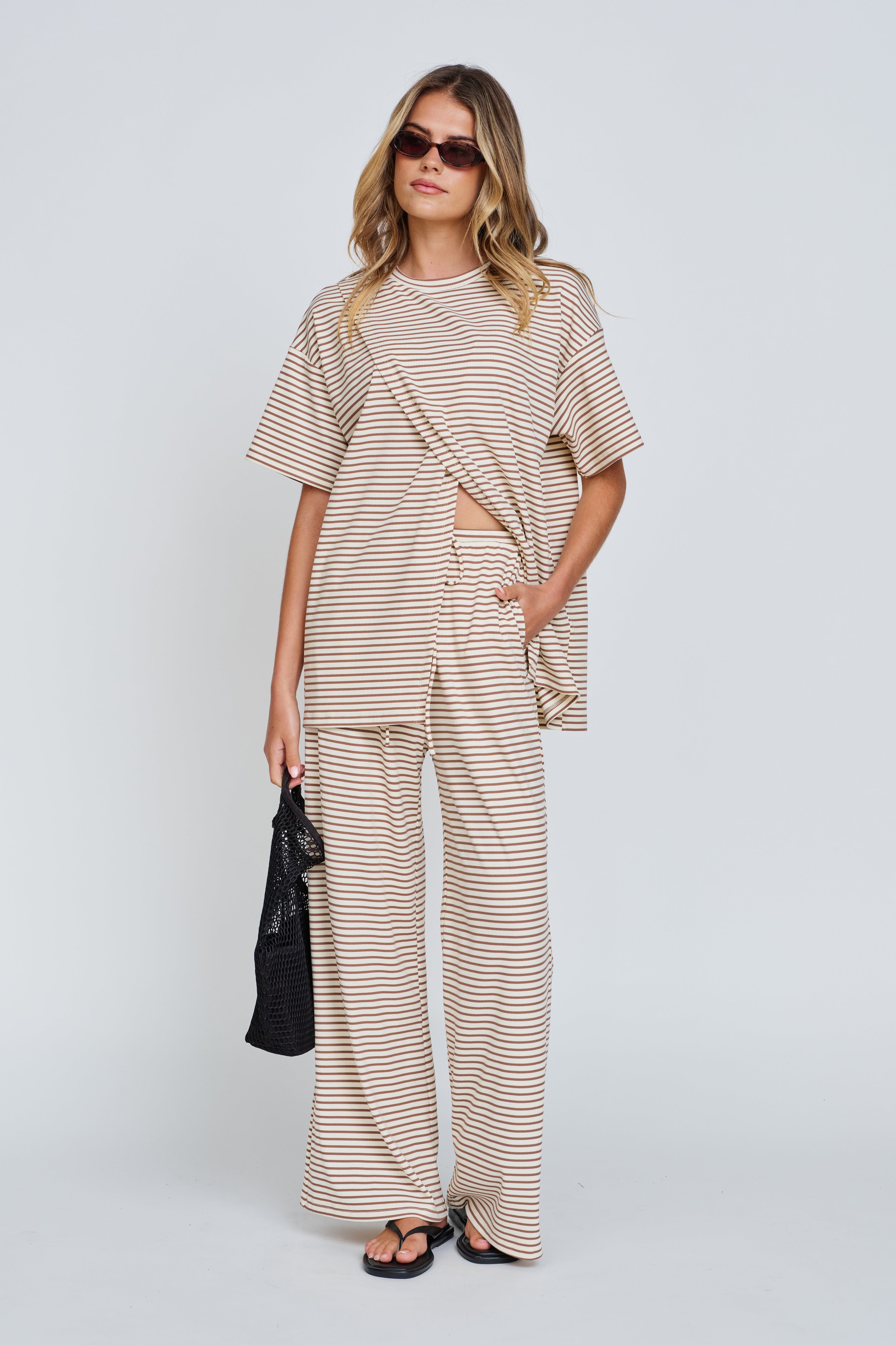 Ivy Stripe Longline Wrap Tee - Cream / Tan