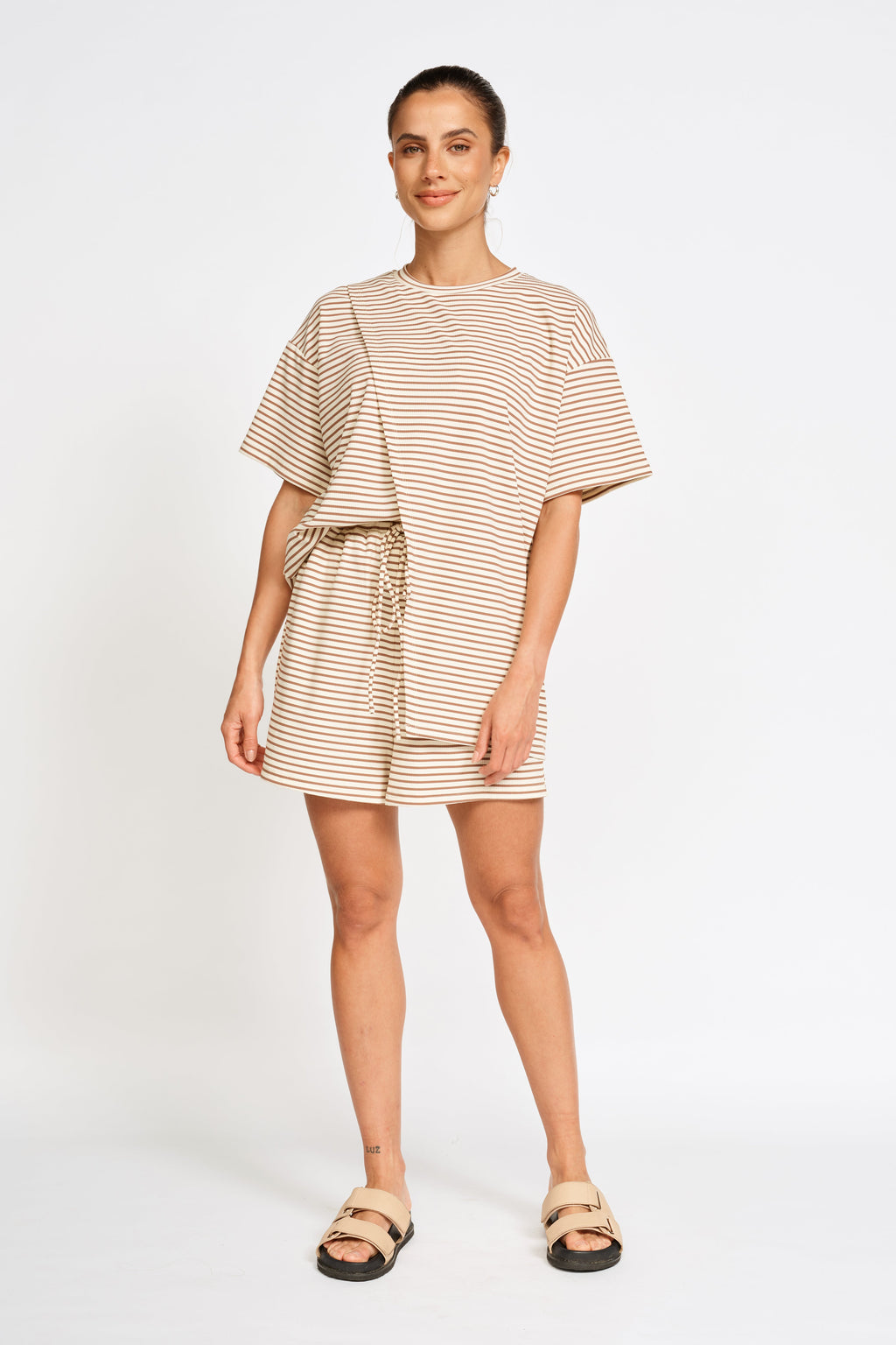 Ivy Stripe Longline Wrap Tee - Cream / Tan
