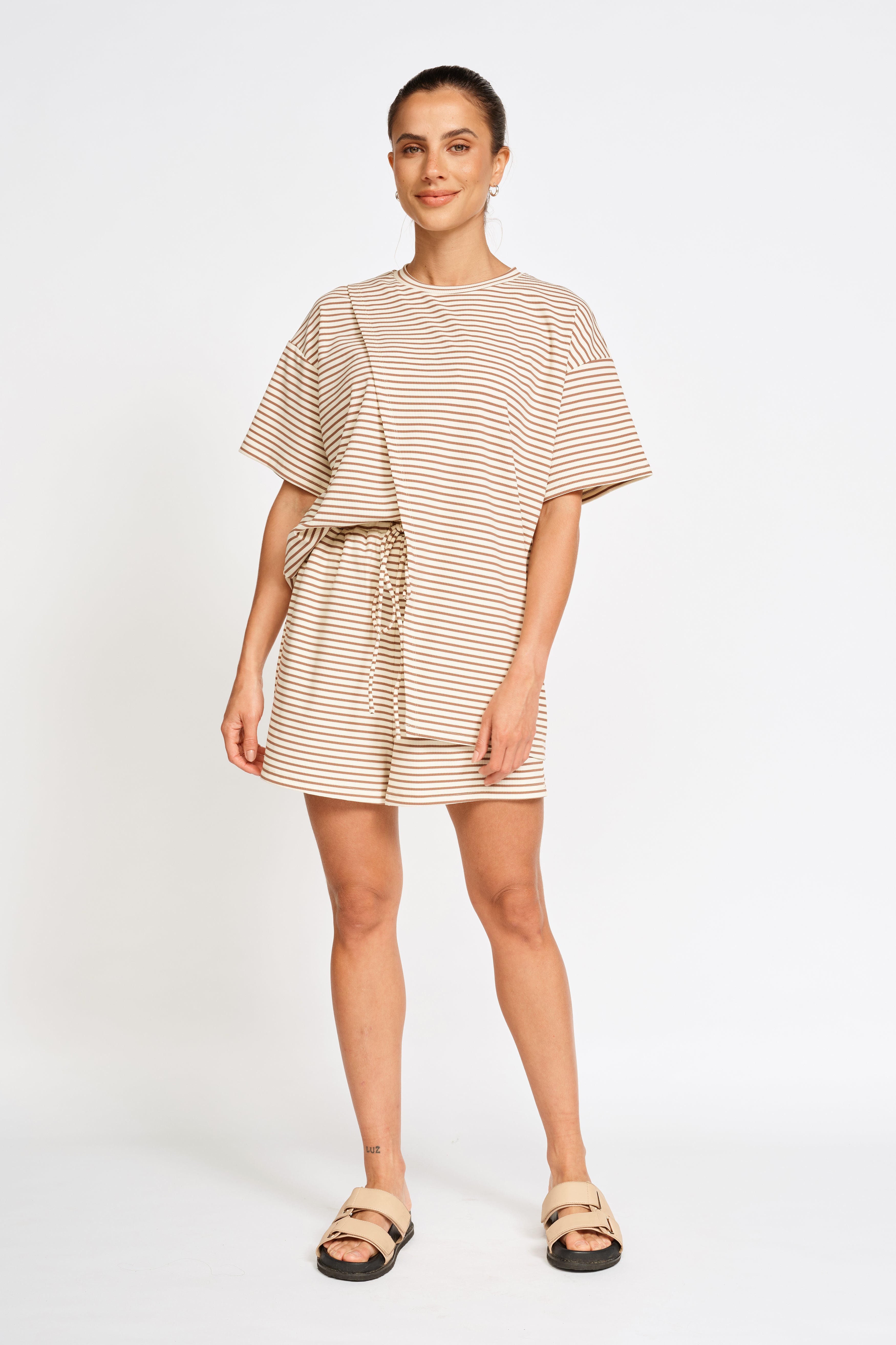 Ivy Stripe Longline Wrap Tee - Cream / Tan