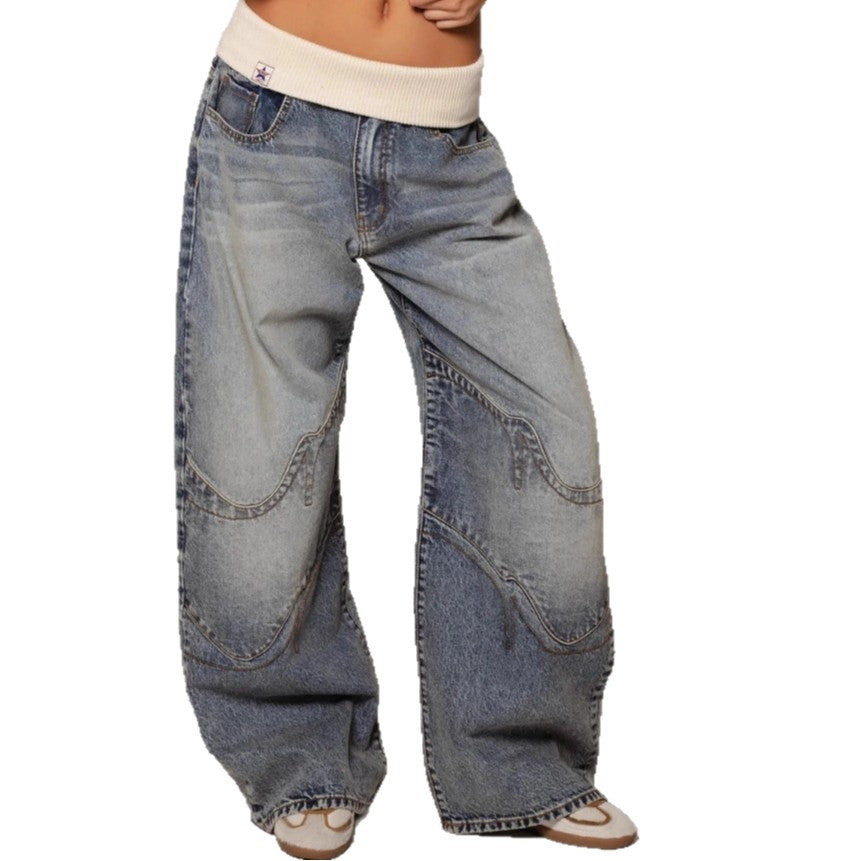 Retro street style washed distressed denim jeans for women, straight leg, loose fit, casual design