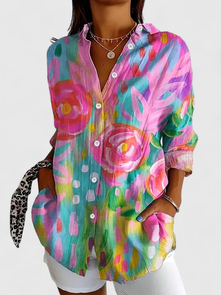 Vibrant Artistic Button-Up Blouse
