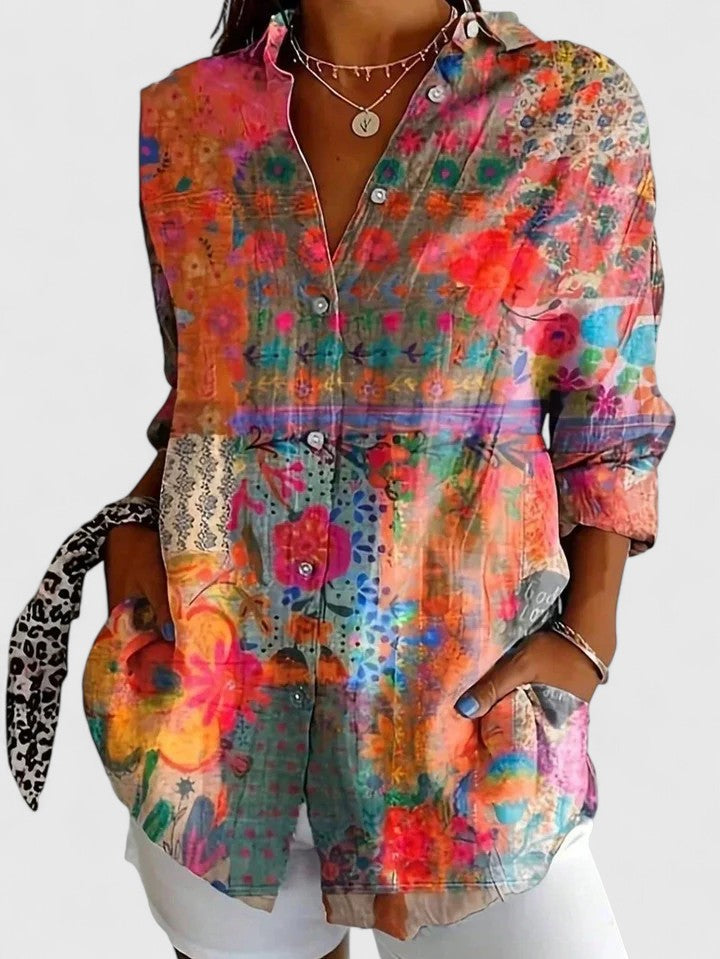 Vibrant Artistic Button-Up Blouse