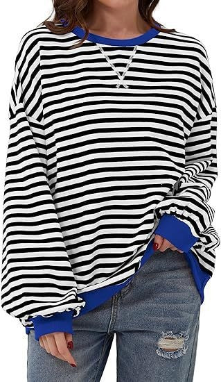 Casual loose striped long-sleeved color-blocked T-shirt