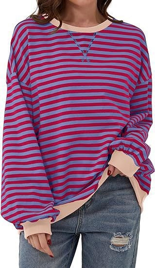 Casual loose striped long-sleeved color-blocked T-shirt