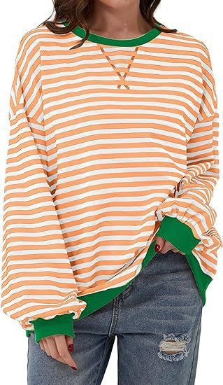Casual loose striped long-sleeved color-blocked T-shirt