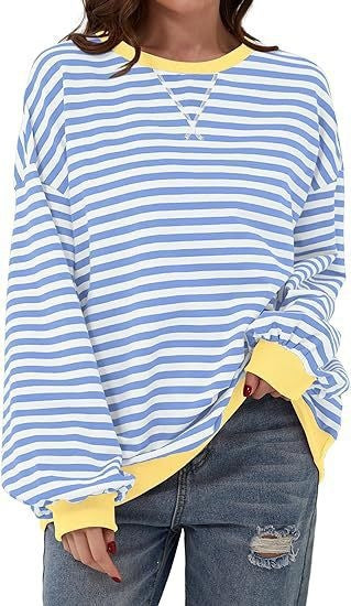 Casual loose striped long-sleeved color-blocked T-shirt