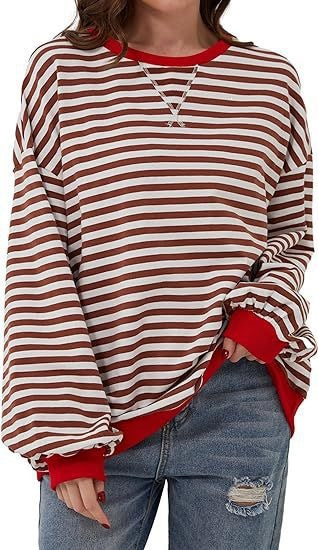 Casual loose striped long-sleeved color-blocked T-shirt