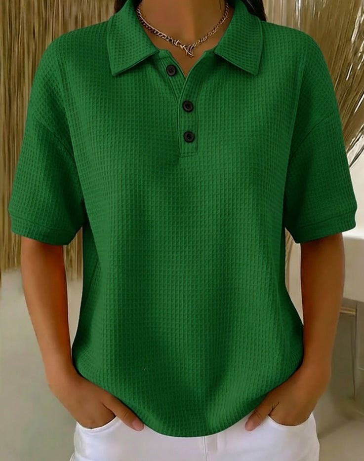 🔥Casual Loose-fitting Waffle Knit T-shirt with Shawl Collar