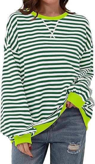 Casual loose striped long-sleeved color-blocked T-shirt