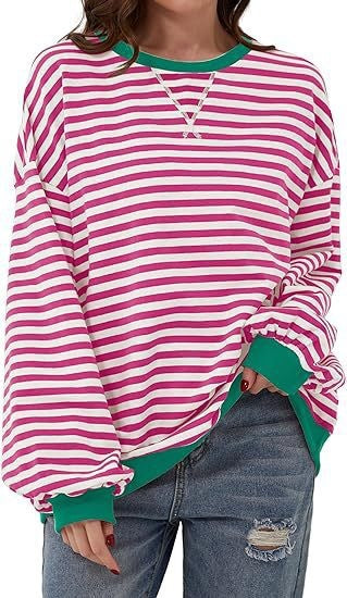 Casual loose striped long-sleeved color-blocked T-shirt