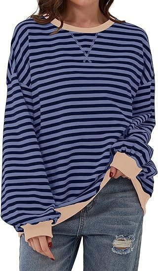 Casual loose striped long-sleeved color-blocked T-shirt