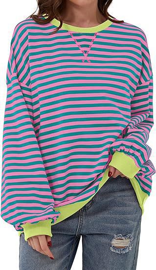 Casual loose striped long-sleeved color-blocked T-shirt