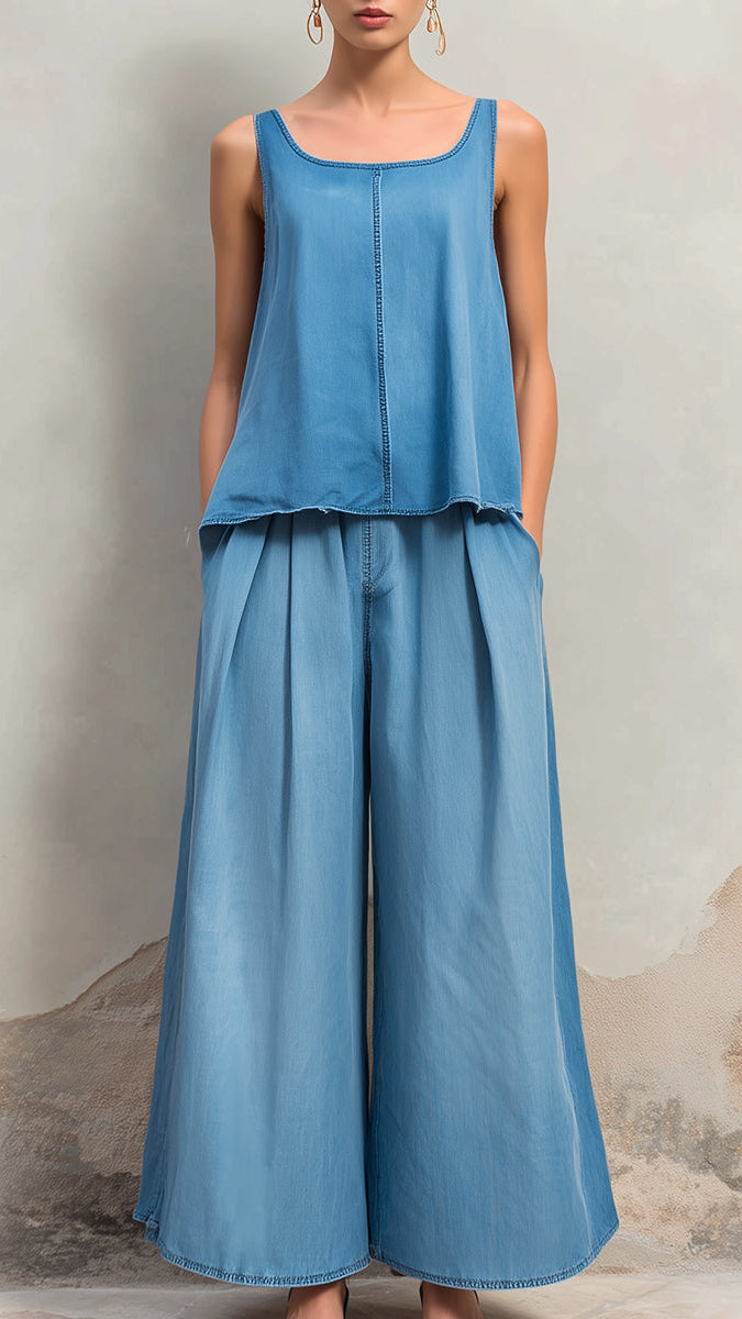 Relaxed Sleeveless Top & Wide-Leg Pants Casual Set