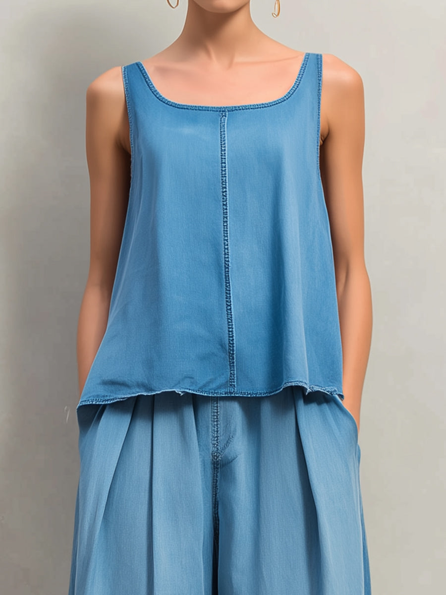 Relaxed Sleeveless Top & Wide-Leg Pants Casual Set